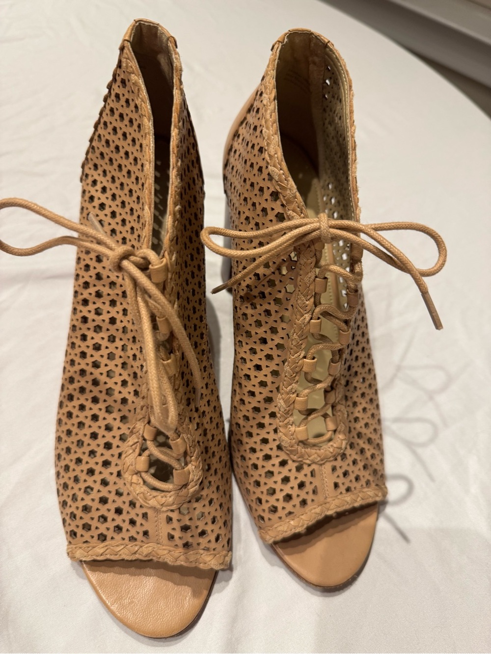 Via Spiga Tan Perforated Leather Lace-Up Peep-Toe Heeled Booties